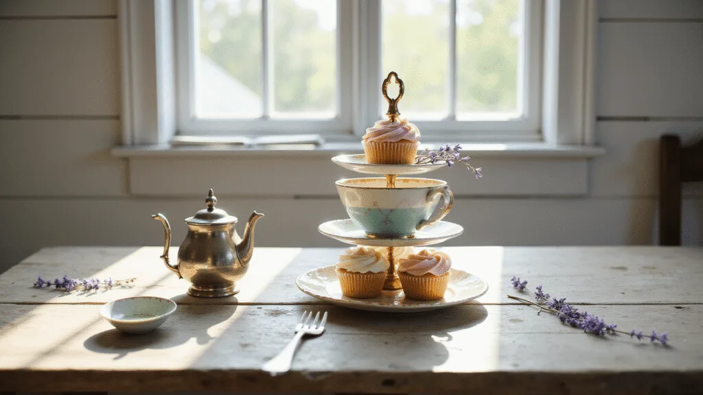 A vintage-inspired tiered cupcake stand made of mismatched teacups displays pastel frosted cupcakes, surrounded by fresh lavender and a tarnished silver tea set, set against rustic farmhouse decor with soft natural daylight.