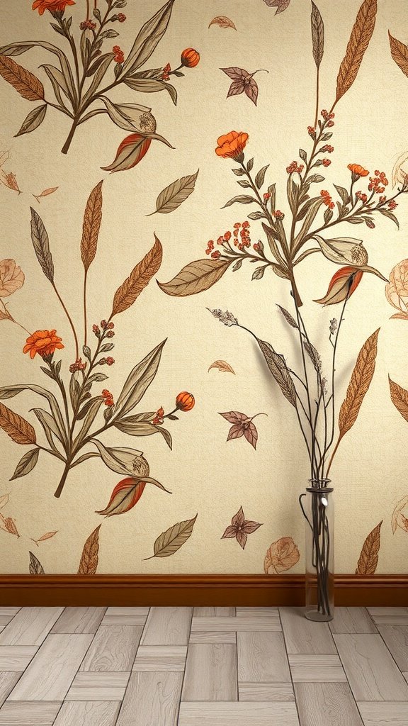 Vintage botanical wallpaper with floral designs in warm tones