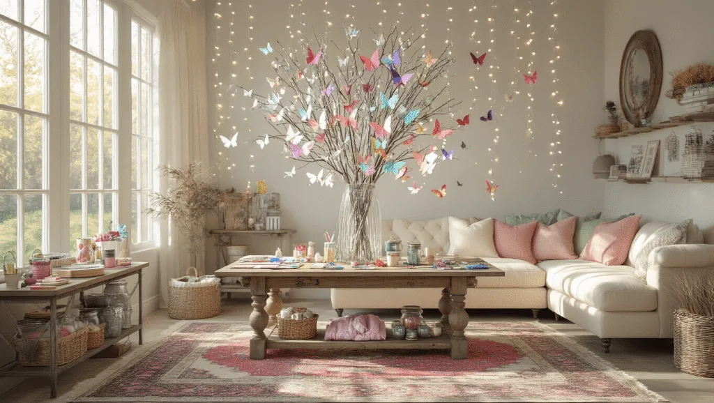 Photorealistic interior of a sun-drenched living room transformed into a butterfly craft haven, featuring a rustic farmhouse table, cascading fairy lights, and organized craft materials in vintage jars, with a comfortable sectional and decorative paper butterflies on the walls.