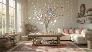 Butterfly Magic: Hosting a Whimsical Craft Event for Adults Photorealistic interior of a sun-drenched living room transformed into a butterfly craft haven, featuring a rustic farmhouse table, cascading fairy lights, and organized craft materials in vintage jars, with a comfortable sectional and decorative paper butterflies on the walls.