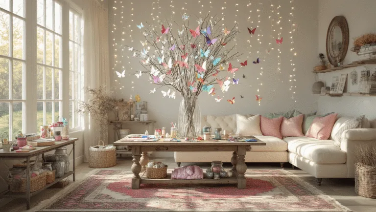 Photorealistic interior of a sun-drenched living room transformed into a butterfly craft haven, featuring a rustic farmhouse table, cascading fairy lights, and organized craft materials in vintage jars, with a comfortable sectional and decorative paper butterflies on the walls.