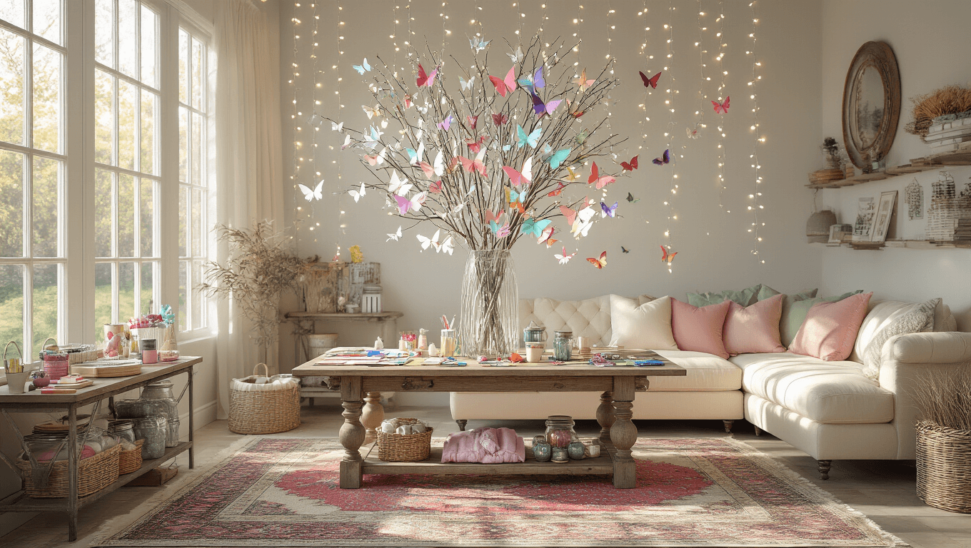 Photorealistic interior of a sun-drenched living room transformed into a butterfly craft haven, featuring a rustic farmhouse table, cascading fairy lights, and organized craft materials in vintage jars, with a comfortable sectional and decorative paper butterflies on the walls.
