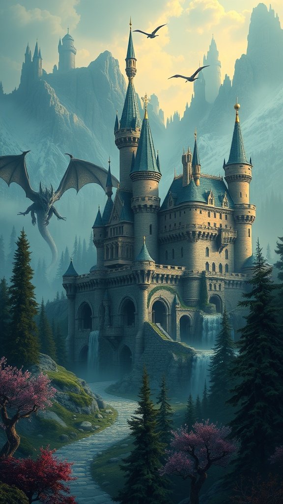A fantasy castle surrounded by mountains, waterfalls, and cherry blossom trees.