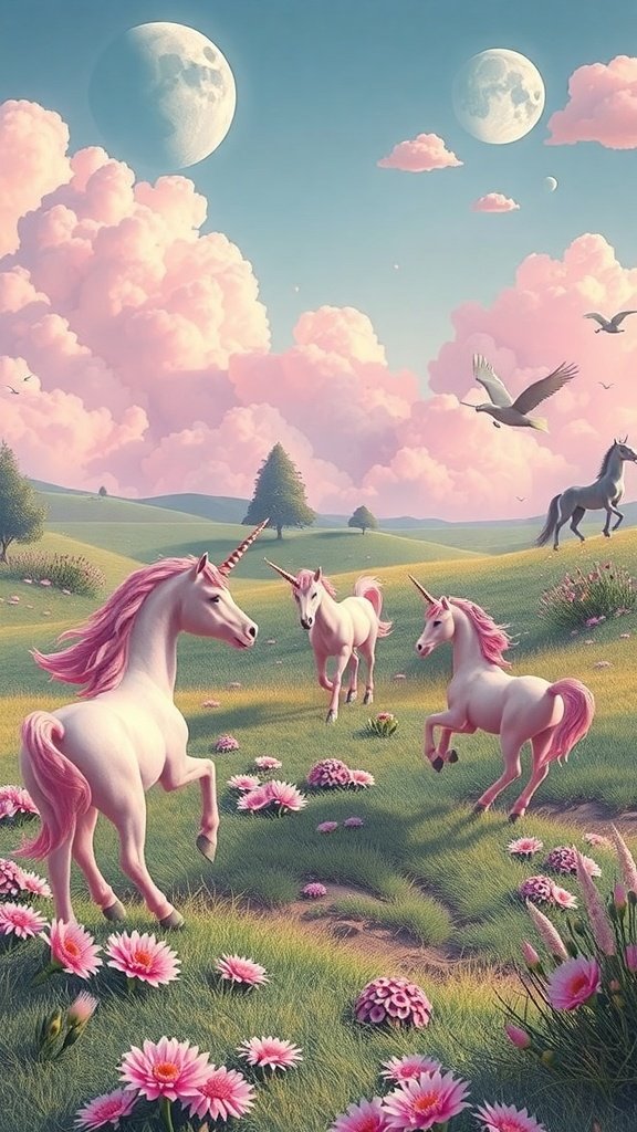 A whimsical scene featuring pink unicorns in a meadow with flowers and fluffy pink clouds.