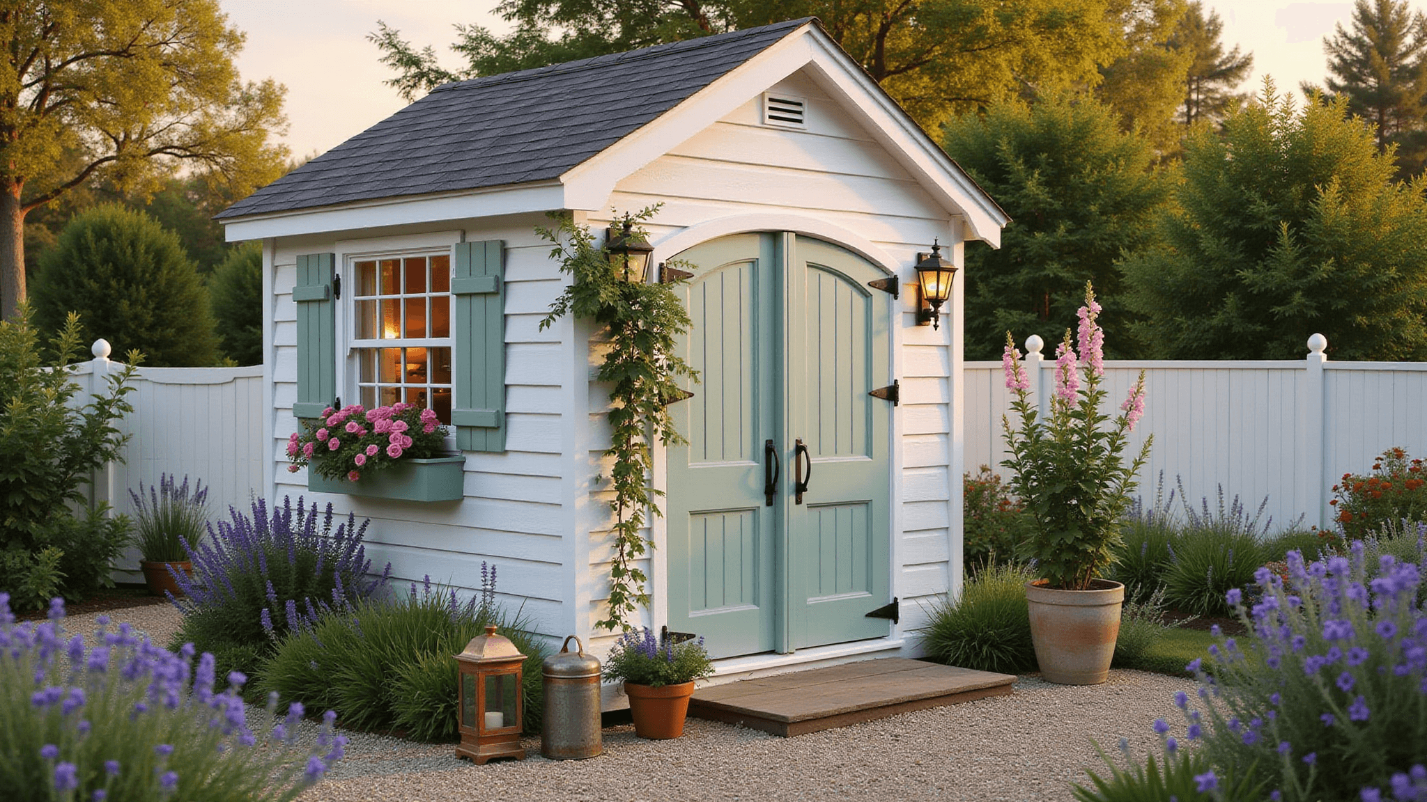A charming white garden shed in cottage style illuminated by golden hour light, featuring sage green shutters, scalloped trim, window boxes with pink petunias, and surrounded by a white picket fence with blooming roses, set against a lush cottage garden.