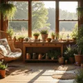 A dreamy garden sanctuary filled with native wildflowers in bloom, featuring a vintage potting station, dappled sunlight, and warm earth tones, captured during golden hour with hyperrealistic detail.