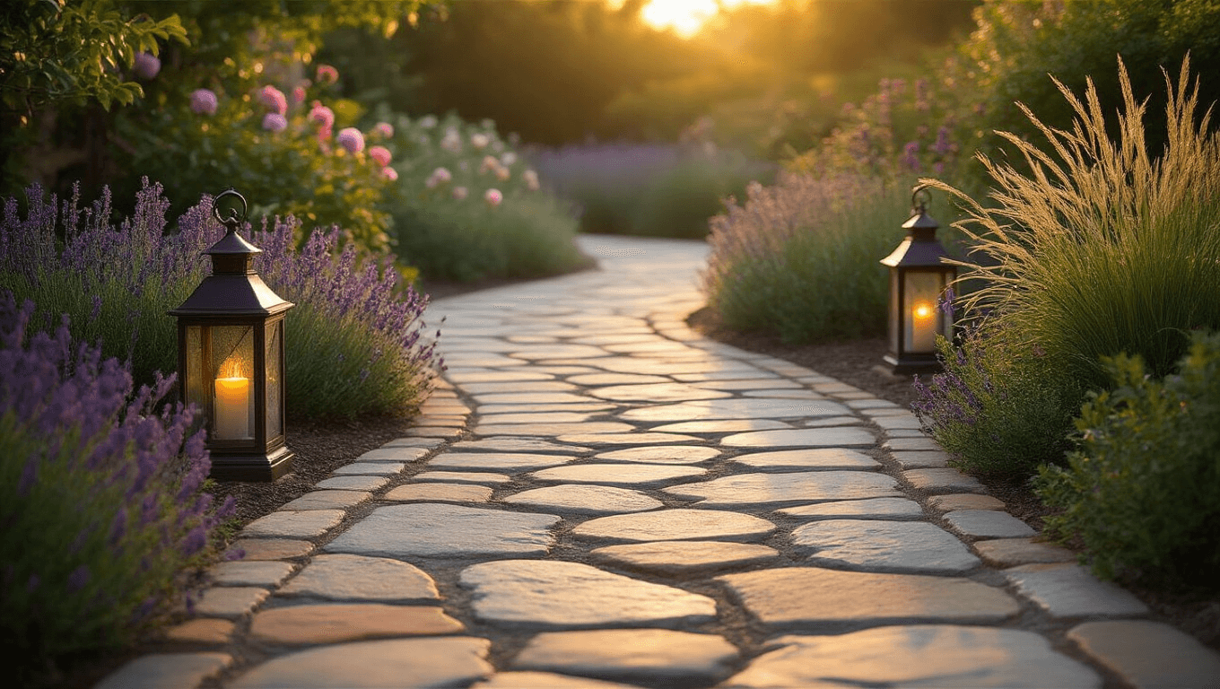 A winding flagstone garden path at golden hour, surrounded by lush cottage plants, with dappled shadows, weathered lanterns, and creeping thyme, creating a warm, inviting scene.