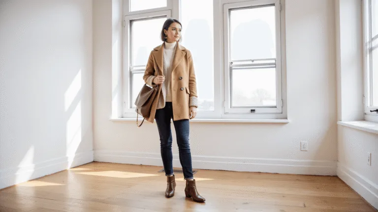 A fashion-forward woman in a minimalist loft wearing a layered cream silk turtleneck, chunky oatmeal cashmere sweater, and camel wool coat, paired with dark denim jeans and brown leather ankle boots, amidst soft natural light and a clean, uncluttered background.