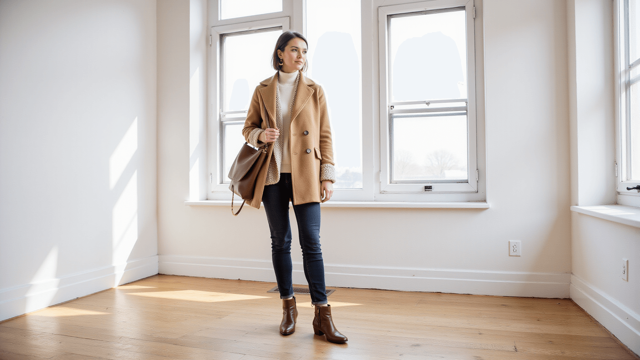 A fashion-forward woman in a minimalist loft wearing a layered cream silk turtleneck, chunky oatmeal cashmere sweater, and camel wool coat, paired with dark denim jeans and brown leather ankle boots, amidst soft natural light and a clean, uncluttered background.