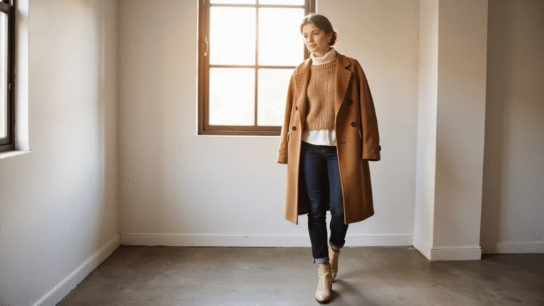 Fashionable woman in a sunlit minimalist studio wearing a cream turtleneck, chunky knit camel sweater, and tailored tobacco brown coat, paired with dark denim and cream ankle boots, illuminated by warm golden hour light.