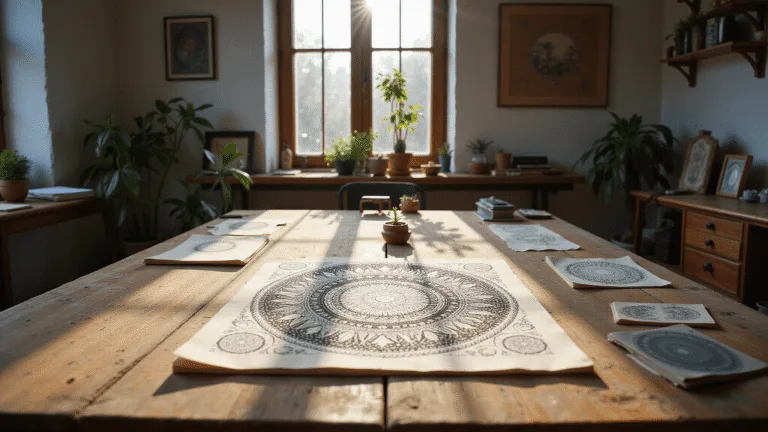 A sunlit artist's studio with a weathered oak drafting table displaying intricate zentangle artworks, surrounded by vintage sketchbooks, art supplies in copper holders, and framed artworks on white-washed walls, all captured in photorealistic detail.