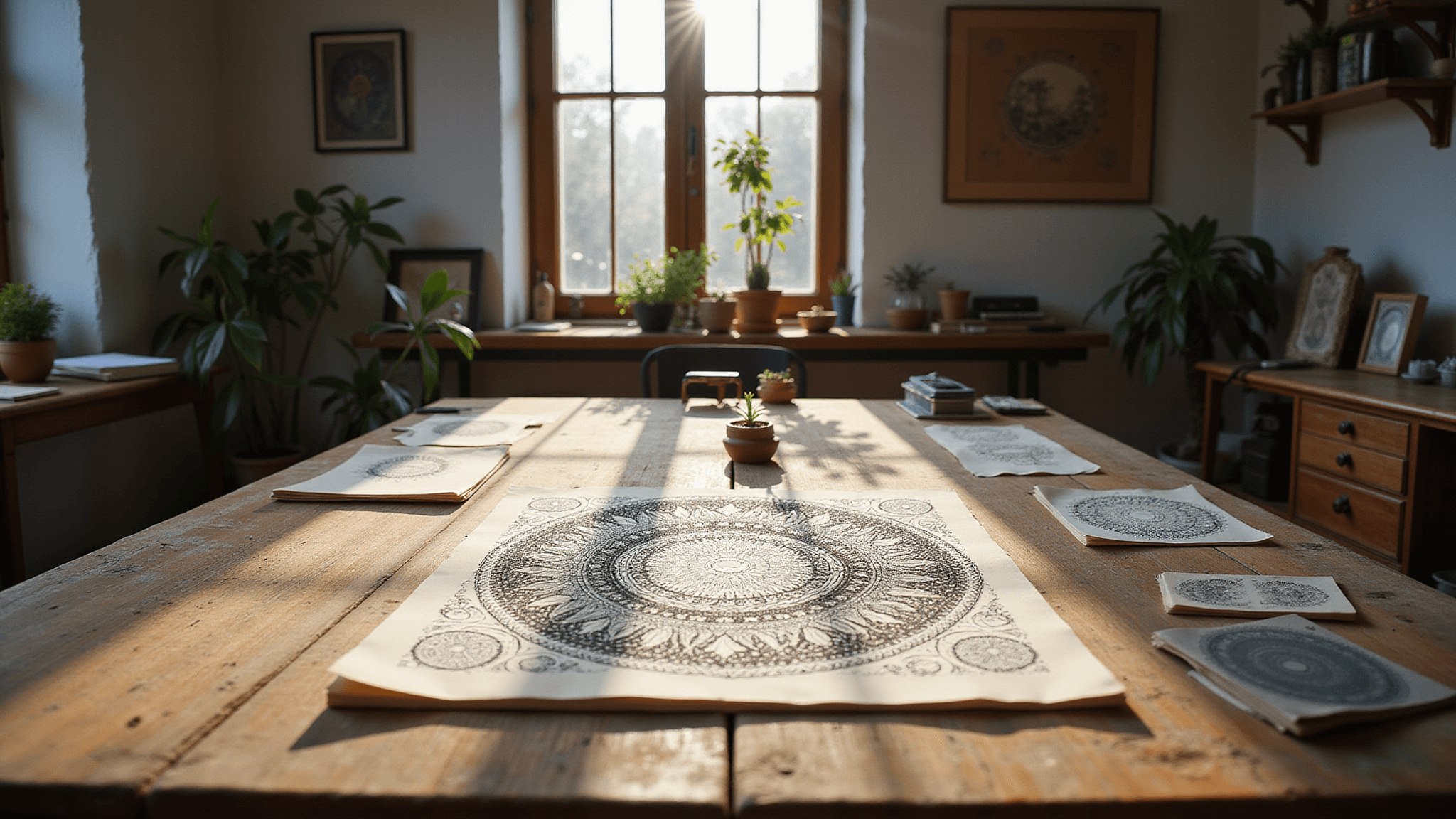 A sunlit artist's studio with a weathered oak drafting table displaying intricate zentangle artworks, surrounded by vintage sketchbooks, art supplies in copper holders, and framed artworks on white-washed walls, all captured in photorealistic detail.