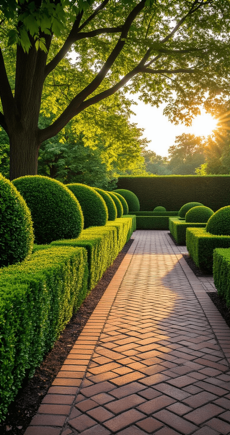 A wide-angle photograph of a manicured boxwood hedge along a brick pathway in a formal garden, taken at golden hour. The hedge features crisp geometric lines and boxwood spheres, with dappled sunlight filtering through nearby maple trees, casting gentle shadows on the herringbone-patterned bricks. The deep green foliage contrasts with the warm tones of the brick and evening light.