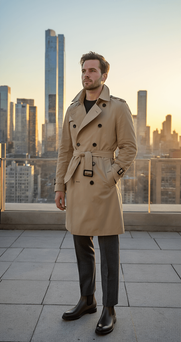 A modern penthouse terrace at sunset features a subject in a khaki trench coat, dark grey wool trousers, and polished Chelsea boots, with an urban skyline backdrop reflecting golden light off glass buildings. The shot is taken from above, highlighting the coat's belt detail and drape, with a 70-200mm lens compression emphasizing the cityscape.
