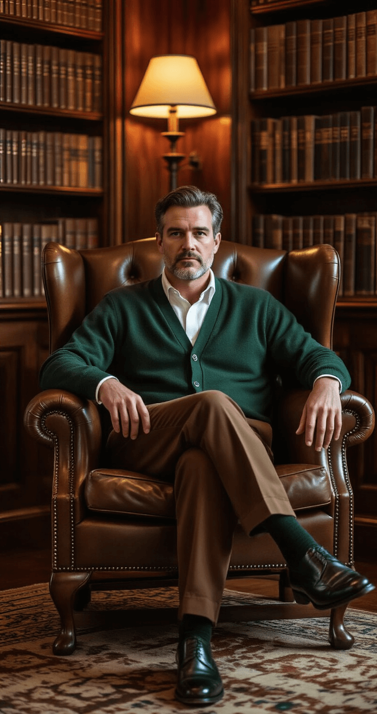 A man seated in a leather wingback chair, dressed in a forest green cashmere cardigan, white Oxford shirt, and brown wool trousers, with polished black Oxfords crossed casually. The background features rich mahogany bookshelves, and warm lamp light sets an intimate atmosphere in a traditional gentlemen's club library.