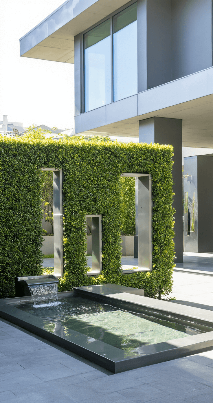 A modern courtyard illuminated by midday sun, featuring a sculptural Euonymus hedge with geometric cutouts framing a contemporary water feature, surrounded by polished concrete pavers and stainless steel architectural elements, highlighted by cool greys and deep greens.