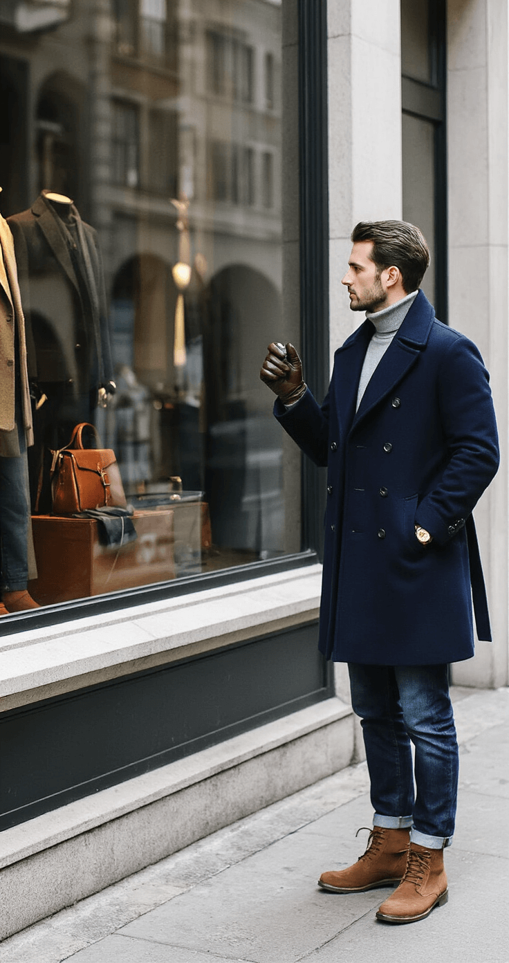 A person in a navy double-breasted overcoat, light grey turtleneck, dark denim, and brown suede boots examines a luxury boutique's window display on a winter day, captured from a side angle with a blurred background.