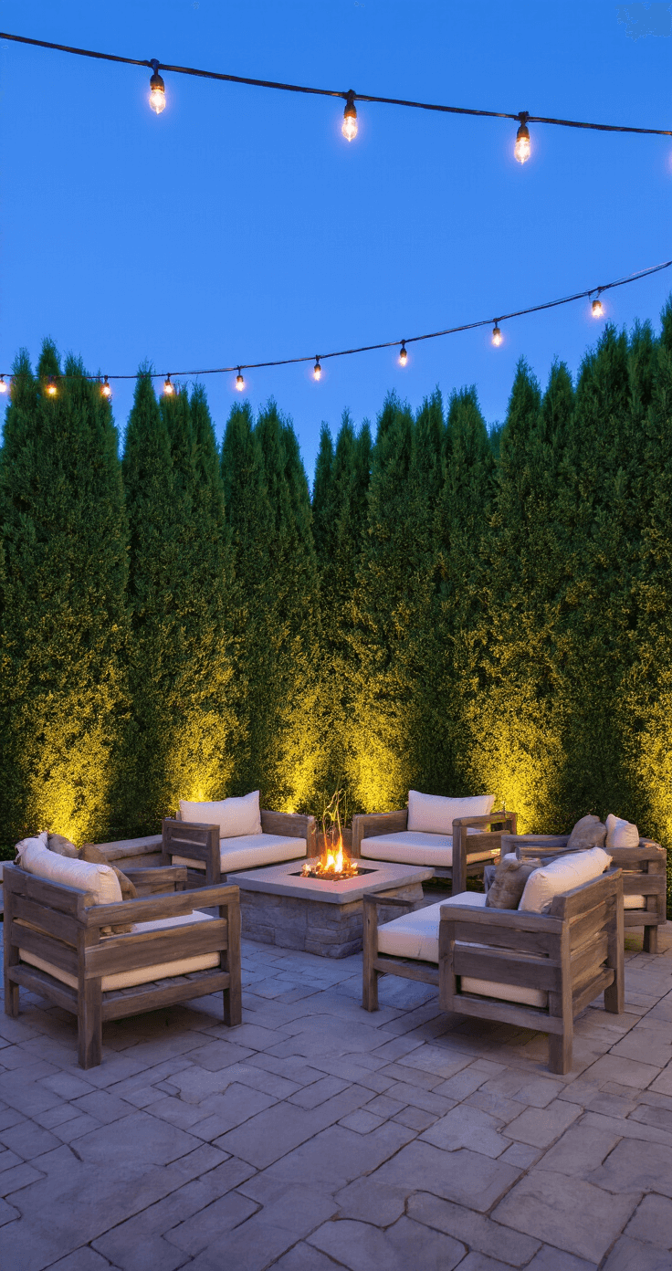 Twilight garden scene featuring a dramatic 12-foot Leyland Cypress hedge surrounding a natural stone patio, with warm LED lighting casting shadows, weathered teak outdoor furniture with cream cushions, and string lights overhead against a cool blue sky.