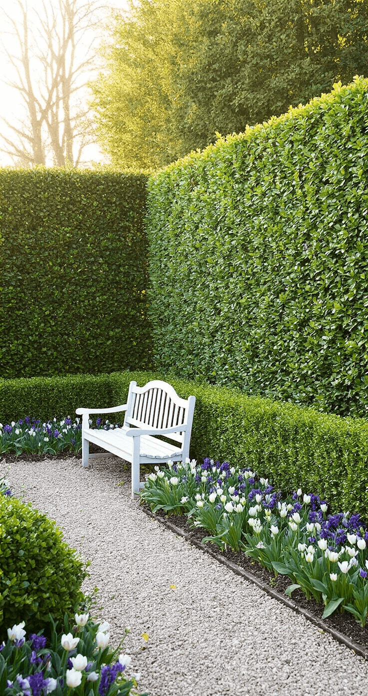 A layered hedge garden in morning light features a 2-foot boxwood border, 4-foot Japanese Holly, and 6-foot Portuguese Laurel, viewed from a 45-degree angle. A white garden bench serves as a focal point, with a gravel pathway inviting exploration. Spring flowering bulbs add vibrant foreground interest, while the dew enhances texture in the rich greens and purple and white accents.