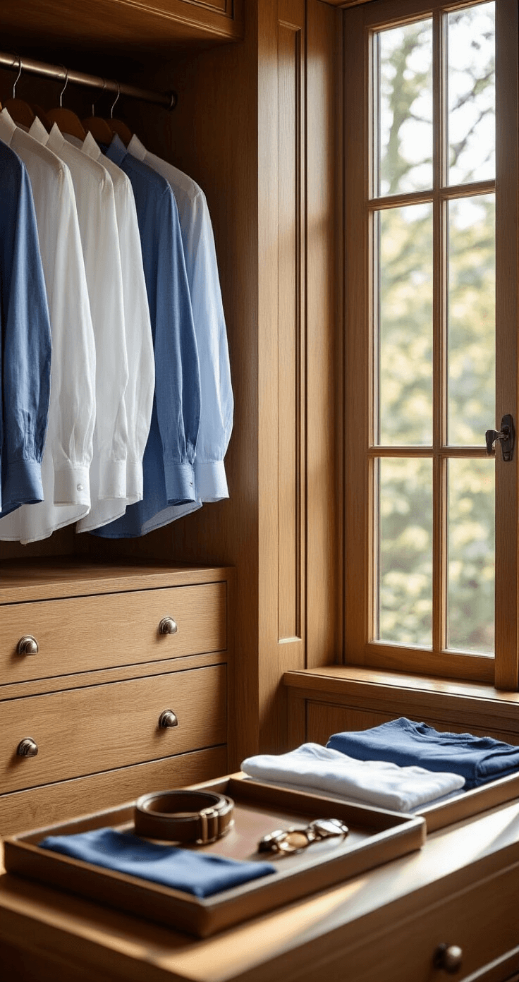 Elegant wood-paneled dressing room filled with morning light, featuring a close-up of an organized wardrobe with pressed linen shirts, folded polo shirts in muted colors, and a vintage leather valet tray with accessories.