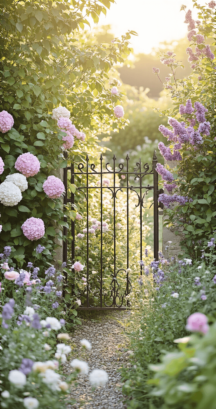A serene cottage garden scene bathed in late afternoon sunlight, featuring a mixed hedge of 5-foot Viburnum, Rose of Sharon, and Lilac, with foreground perennials. A vintage iron gate is centered in the composition, adorned with climbing roses. The image showcases a pastel color palette of soft pinks, lavenders, and whites, evoking a romantic atmosphere with subtle sun flare and a loose, painterly quality.
