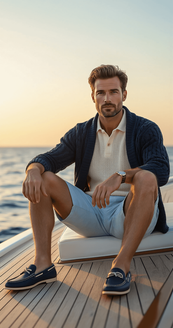 A male model seated on a luxury yacht deck at sunset, dressed in light blue linen shorts, a cream cotton-knit polo, and classic boat shoes. A navy cable-knit sweater drapes over his shoulders. The warm golden hour lighting accentuates the textures of his outfit against a soft-focus ocean horizon.