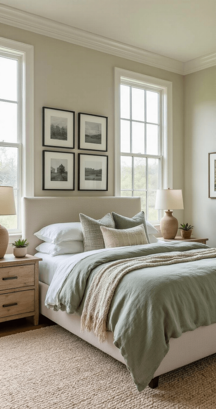 Creating a Cozy Bedroom: Your Ultimate Guide to Comfort and Style Intimate morning bedroom scene with a plush platform bed in sage green and dove gray, surrounded by soft morning light, weathered oak nightstands, ceramic lamps, and potted succulents, all set against pale greige walls adorned with a gallery of black and white photographs.
