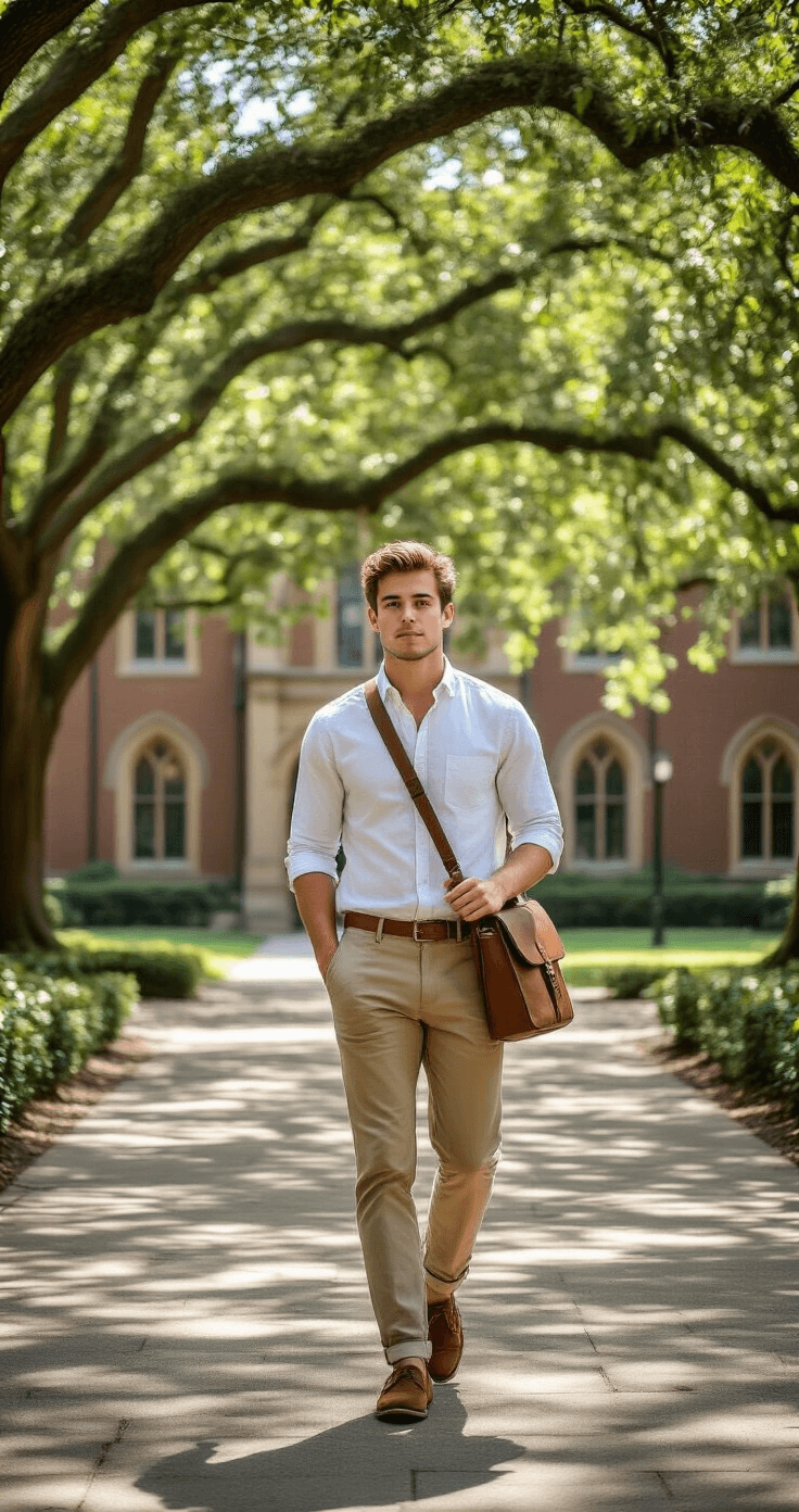 A young man in tailored khaki chinos, white oxford shirt, and suede driving shoes walks through a historic college quad, with dappled sunlight filtering through ancient oak trees and elegant architecture framing the scene. He carries a brown leather messenger bag casually across his body.