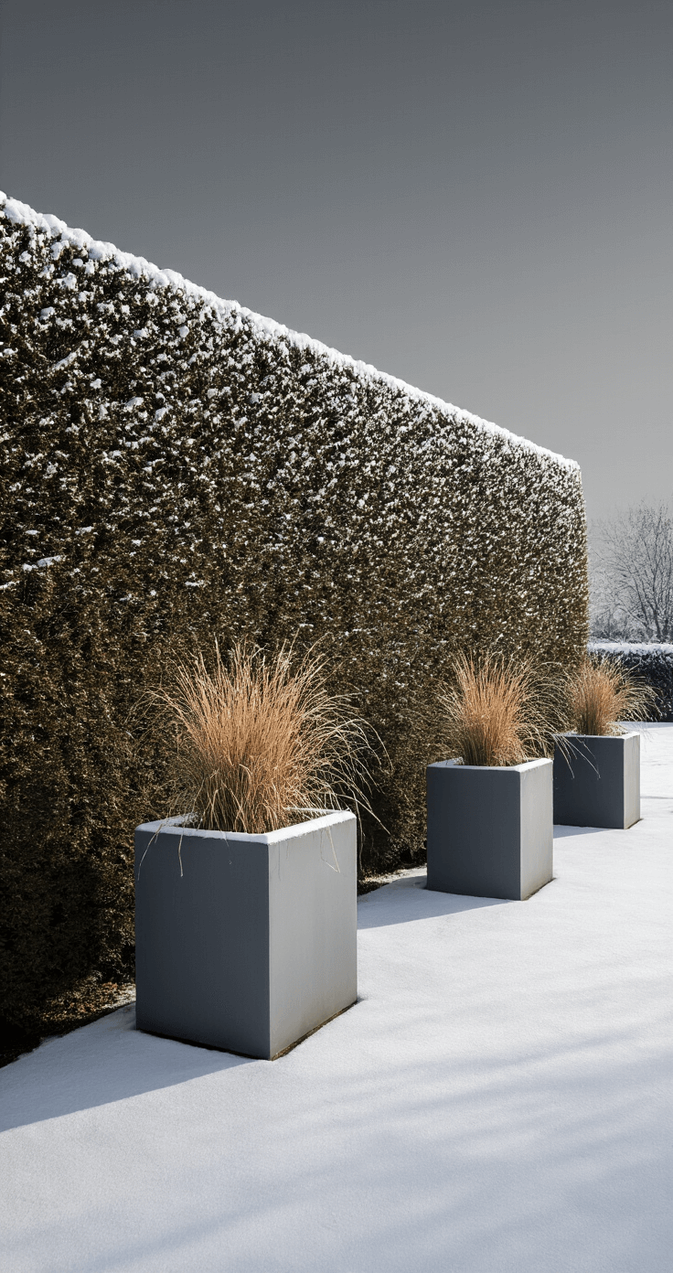 Minimalist winter scene of a 7-foot hornbeam hedge dusted with snow, shot from ground level against a steel grey sky. Geometric angles of the hedge are highlighted by sharp shadows, while modern zinc planters with architectural grasses add verticality. Frosted seed heads catch the light, creating a monochromatic palette with subtle copper highlights. Dramatic morning side-lighting enhances the clean lines of the composition.