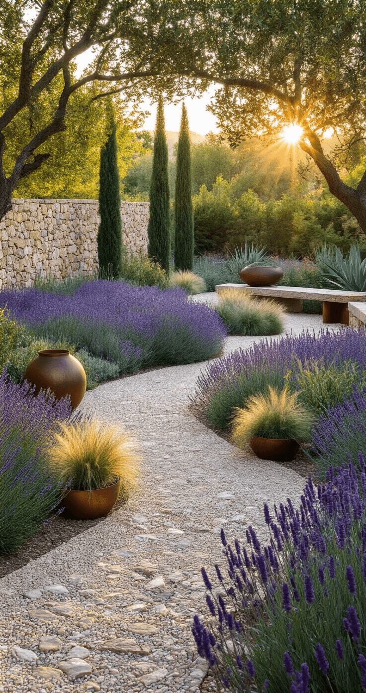 A modern Mediterranean garden at golden hour, featuring waves of lavender and catmint, cypress trees, limestone pathways, copper containers with sedums, ornamental grasses backlit by sunlight, agaves by a stone wall, natural stone benches, and rusted metal sculptures.