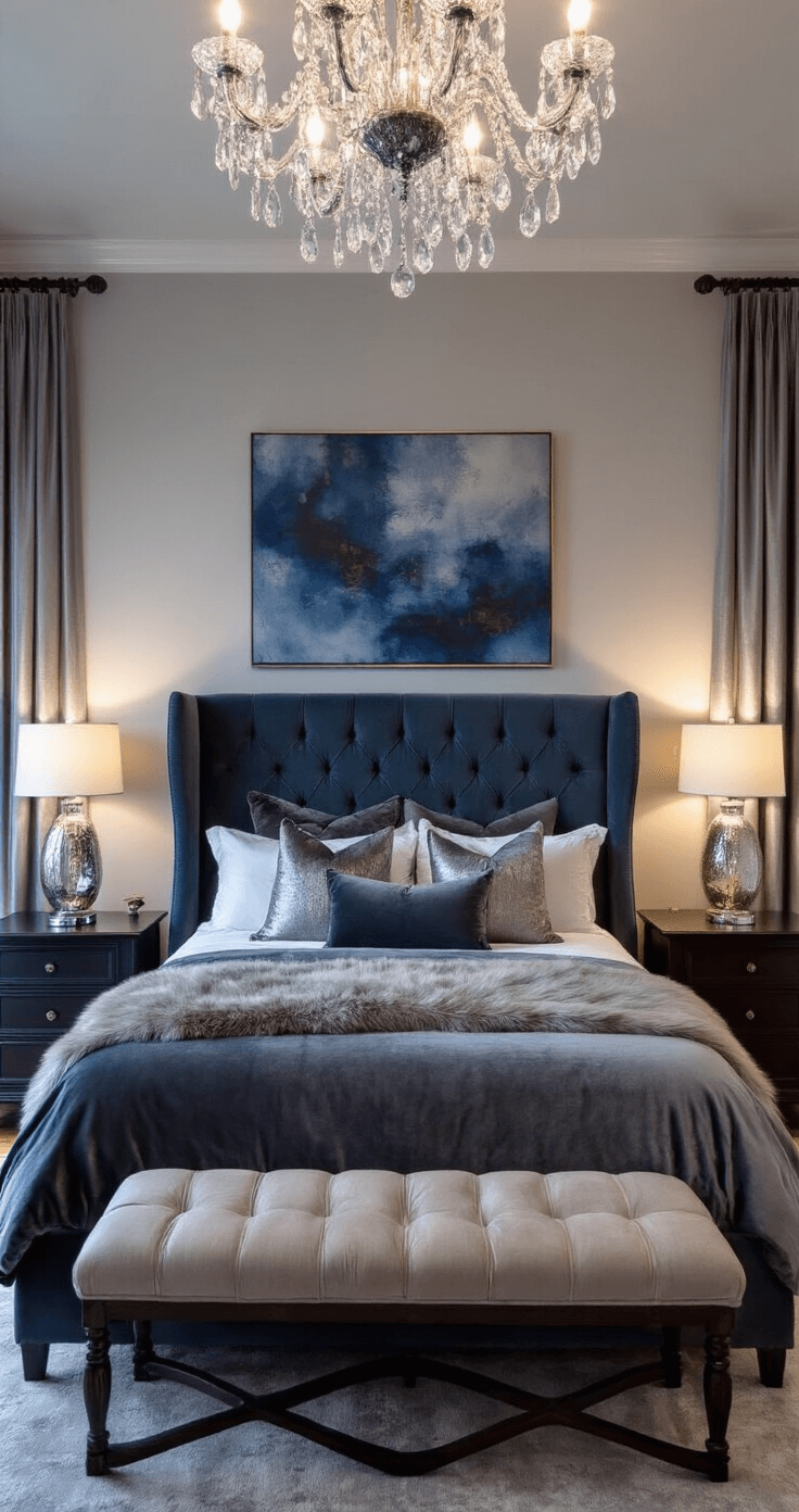 Creating a Cozy Bedroom: Your Ultimate Guide to Comfort and Style A wide-angle dusk shot of a luxurious primary suite featuring a king bed with a charcoal velvet duvet and slate blue tufted wingback headboard, surrounded by warm lighting from mercury glass lamps and a crystal chandelier, with matching dark walnut nightstands and oversized abstract art in deep blues and grays.