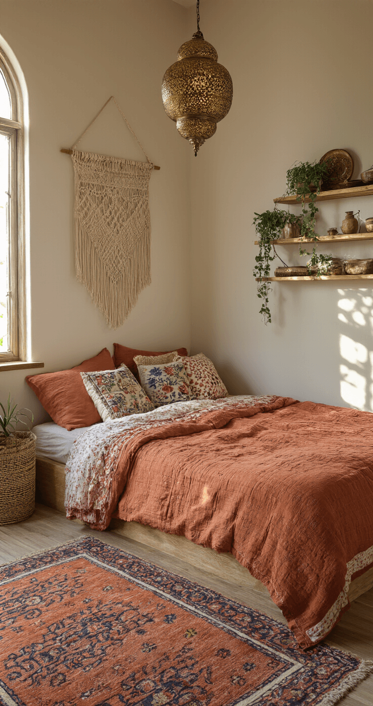 Creating a Cozy Bedroom: Your Ultimate Guide to Comfort and Style Cozy bohemian bedroom with low platform bed dressed in terracotta linen and Indian block print quilts, illuminated by late afternoon light; features macramé wall hanging, Moroccan brass pendant, floating wooden shelves with plants, and a handwoven wool rug.