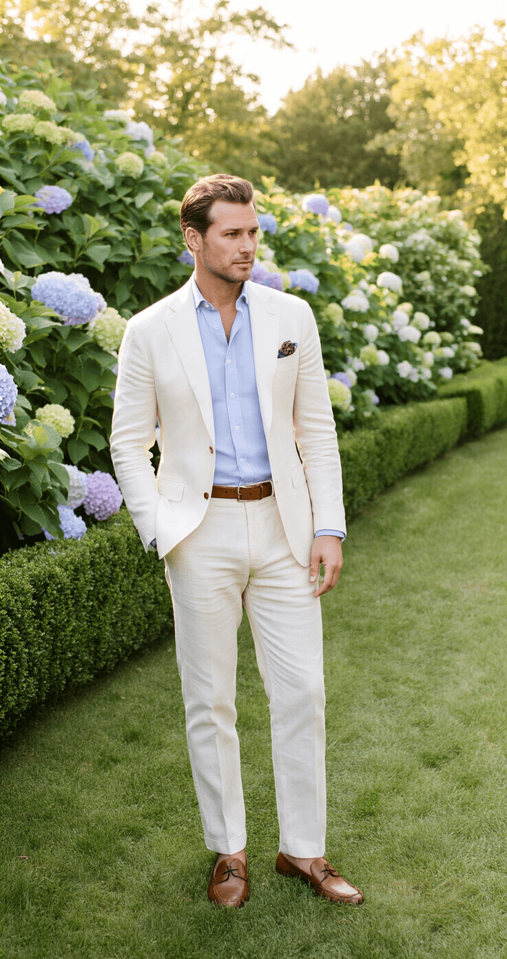 A man in a cream linen suit and pale blue oxford shirt chats in a beautifully landscaped garden adorned with manicured hedges and hydrangeas, basking in soft natural light with subtle fill flash for enhanced skin tones.