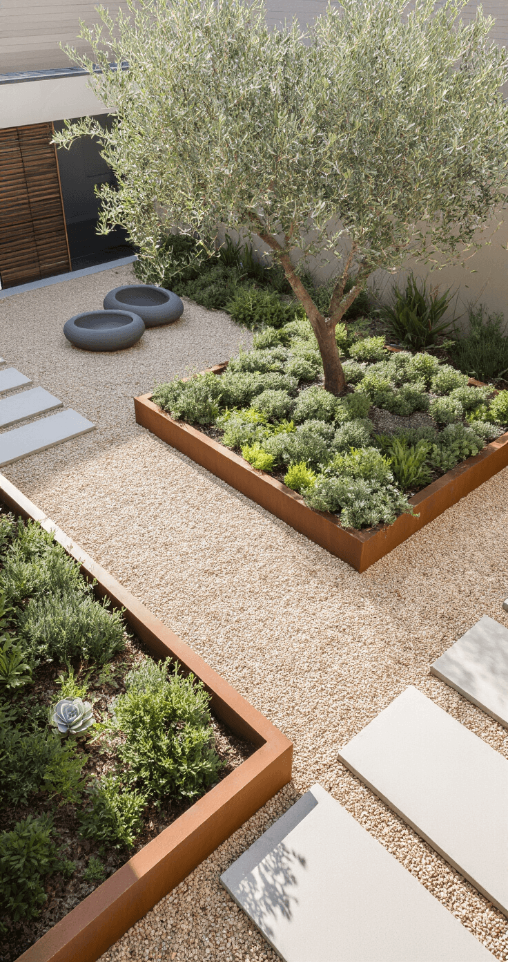 High-angle view of a 15'x20' gravel courtyard garden featuring Corten steel edging, buff-colored pea gravel, a geometric arrangement of woolly thyme and succulents, minimalist concrete pavers, a sculptural olive tree casting shadows, and cool grey pottery contrasting with warm gravel tones, captured at midday.