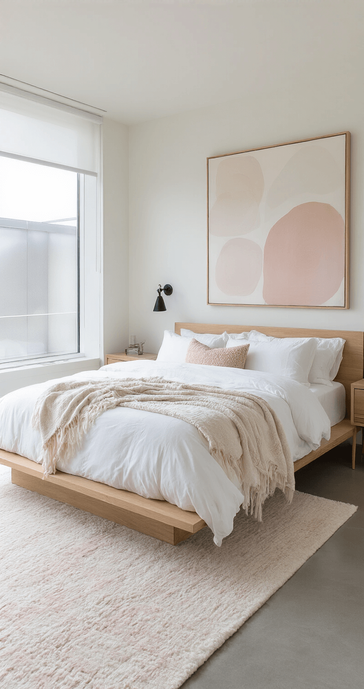 Creating a Cozy Bedroom: Your Ultimate Guide to Comfort and Style High-angle view of a contemporary bedroom featuring a minimalist platform bed with bleached oak frame, layered hotel-white Egyptian cotton bedding with textured throws in pearl and blush, large-scale pastel abstract art on the wall, and floor-to-ceiling windows with automated sheer panels. The room has polished concrete floors softened by a cream and pale pink wool area rug, complemented by matte black reading sconces.