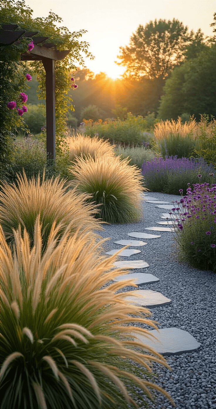 A prairie-style gravel garden at dawn, featuring golden feather reed grass, round river rocks, angular slate, blooming purple coneflowers, and Russian sage, with a wooden pergola draped in climbing roses, shot at eye level with a softly blurred background.