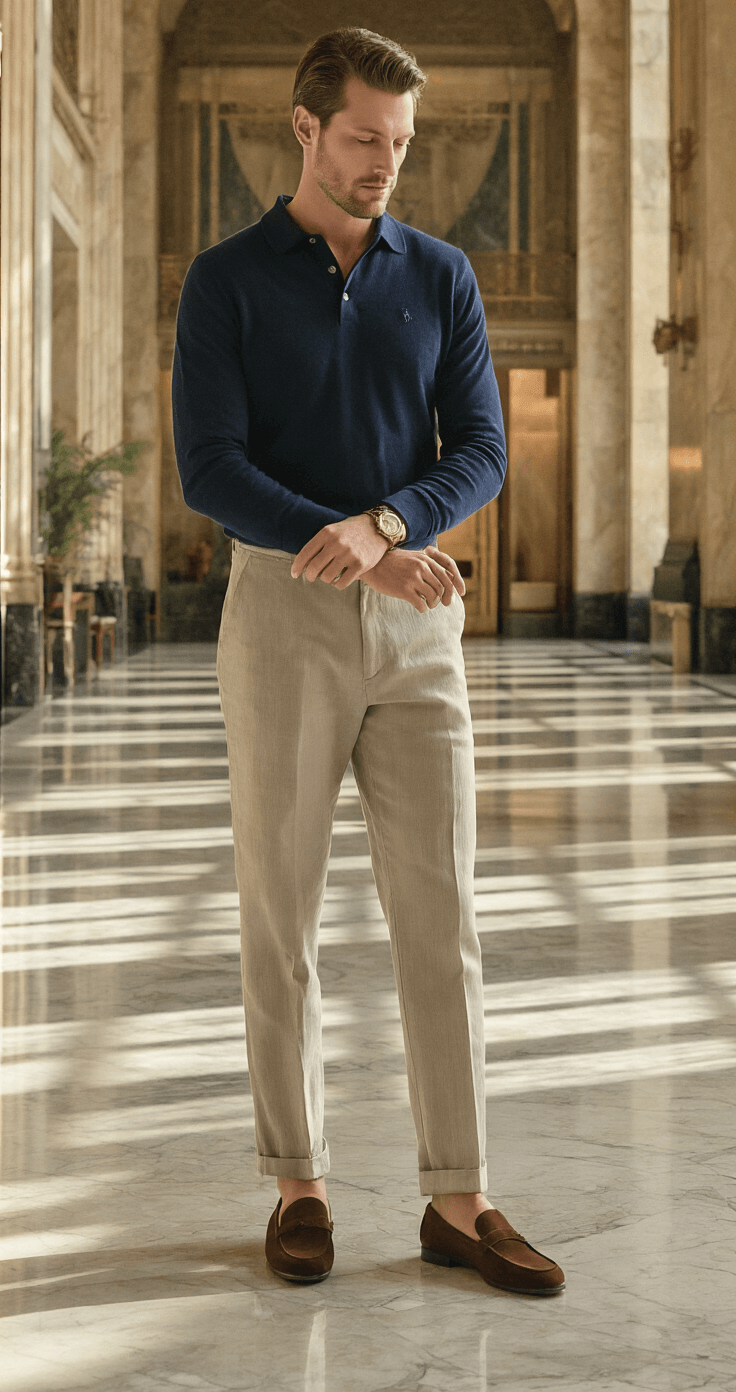 A man checks his vintage watch in a vintage luxury hotel lobby adorned with art deco details, wearing stone-colored trousers, a navy polo, and brown loafers, as morning light streams through tall windows and reflects off the marble floors.