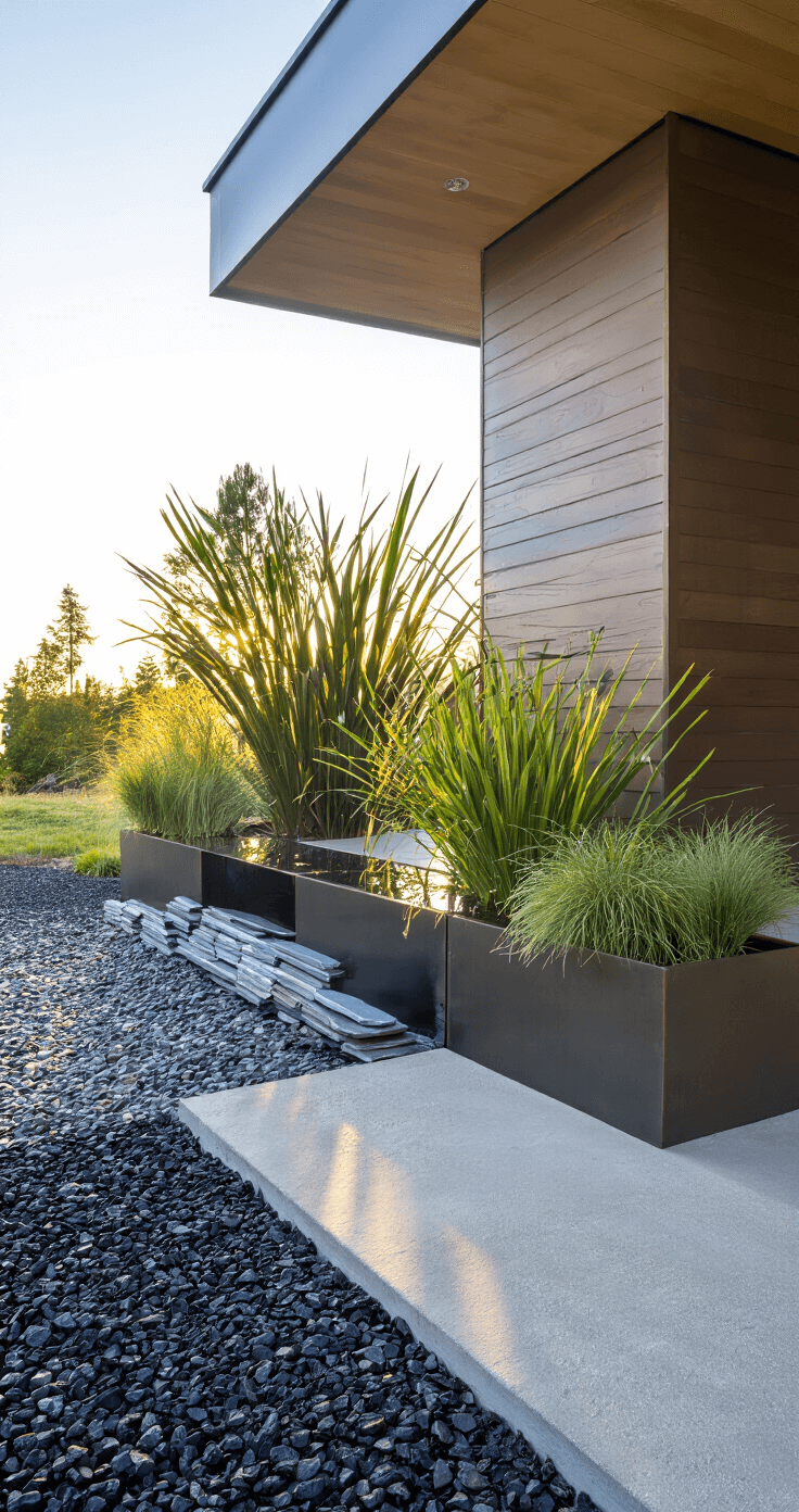A contemporary entrance garden with sharp-edged steel planters and dark basalt gravel, featuring New Zealand flax and blue fescue silhouetted against dramatic late afternoon light, with a stacked slate water feature providing gentle sound, captured from a low angle to highlight light and shadow on various textures.