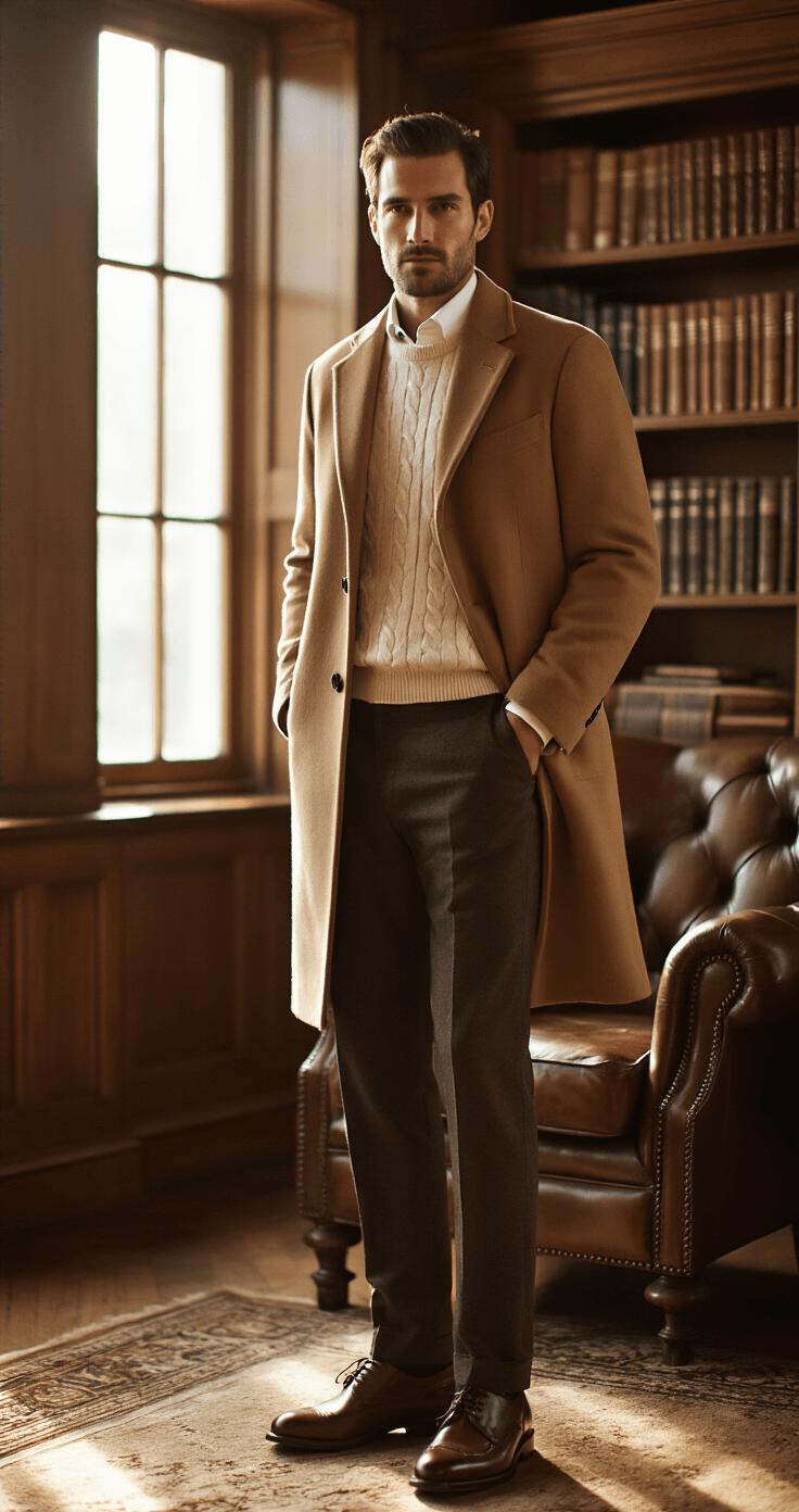 A sophisticated gentleman in a camel wool overcoat and cream sweater stands in a wood-paneled library, bathed in golden hour light, with polished brown derby shoes and a backdrop of leather-bound books and a vintage armchair.