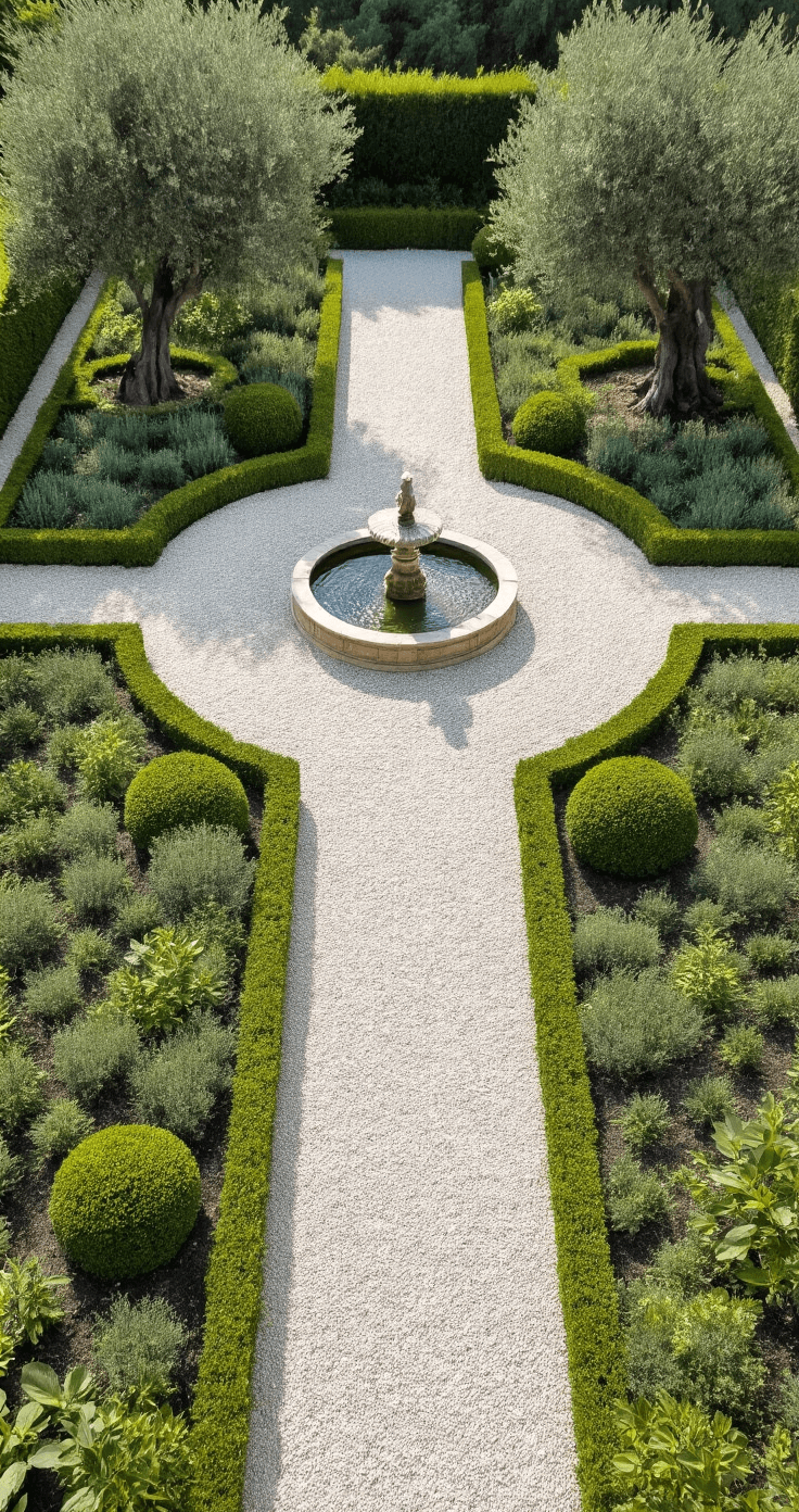 Overhead drone shot of a formal gravel garden with a 40'x40' layout, featuring crushed white marble paths, Mediterranean herbs, low-growing perennials, ancient olive trees in the corners, trimmed boxwood balls, and a central classical fountain.