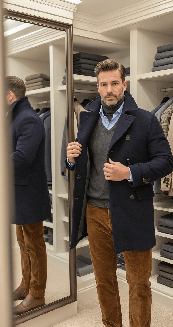 A man adjusts his navy peacoat in a luxurious walk-in closet filled with morning light, revealing layers of a charcoal cashmere turtleneck and light blue Oxford shirt, paired with warm tobacco brown corduroy pants, surrounded by neatly organized classic menswear in neutral tones.