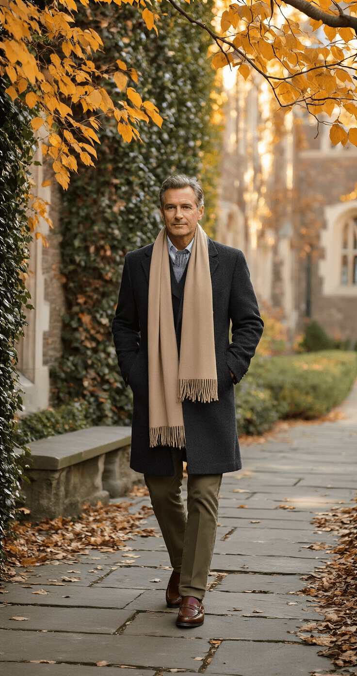 A distinguished figure in a charcoal wool overcoat and olive chinos walks along a stone pathway in an ivy-covered university courtyard, adorned with fall foliage, while wearing a beige cashmere scarf and burgundy penny loafers, captured in warm late afternoon light with classical architecture in the background.