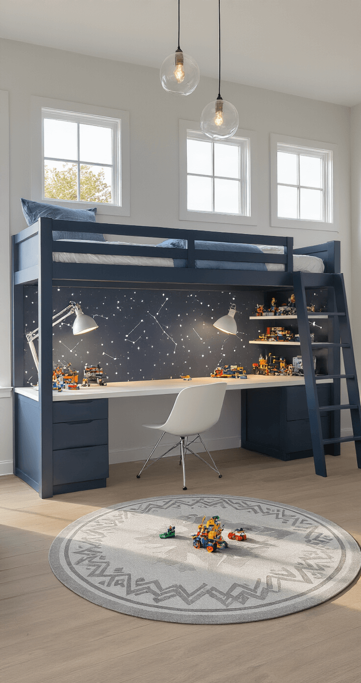 A spacious boys' bedroom with a modern loft bed in matte navy blue, a minimalist white desk, and a space-themed mural, captured during golden hour with sunlight streaming through large windows.
