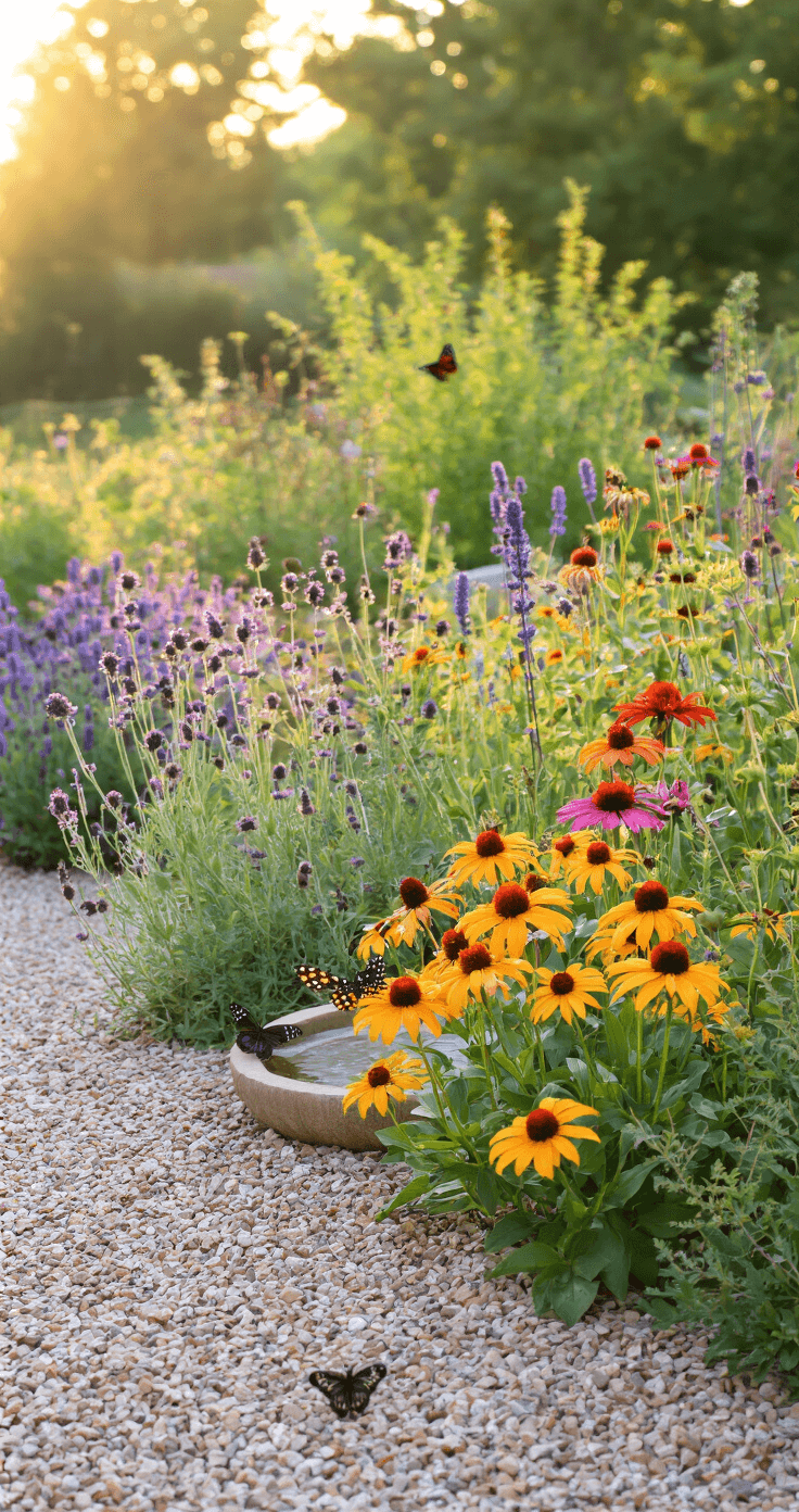A vibrant wildlife-friendly gravel garden at magic hour, featuring pollinator-friendly plants like verbena, salvia, and echinacea amidst warm-toned gravel, with native boulders and a shallow stone basin for water, captured with a softly blurred background.