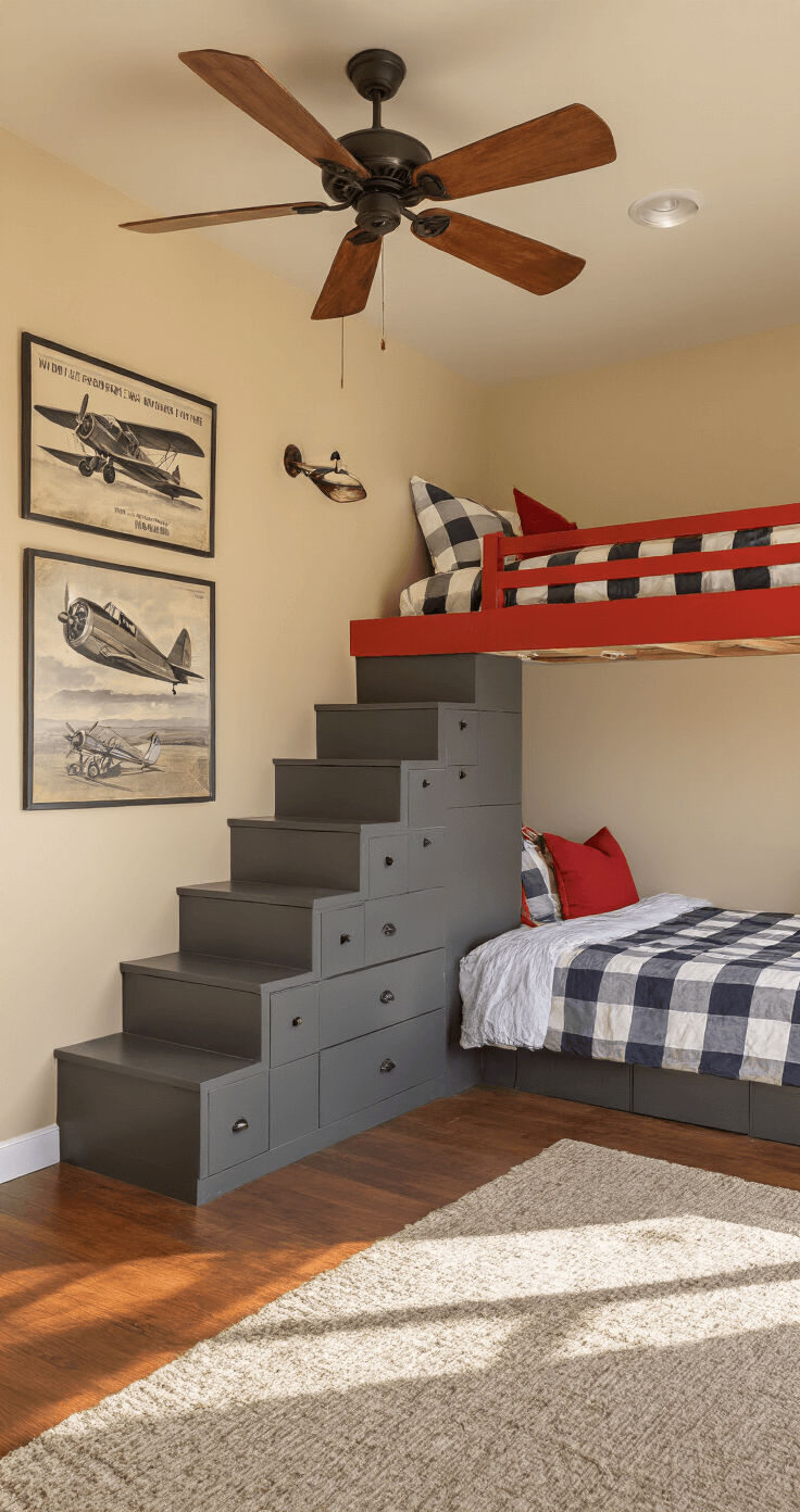 Corner view of a cozy, adventure-themed bedroom featuring warm beige walls with red accents, a custom-built storage staircase leading to a timber bunk bed, and vintage aviation prints on the walls, illuminated by natural light.