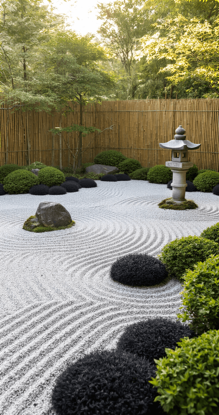 A serene Japanese-inspired gravel garden with raked pale granite gravel in wave patterns, mountain stones, clumps of black mondo grass, and compact azaleas, featuring a stone lantern and bamboo fencing, captured in diffused morning light.