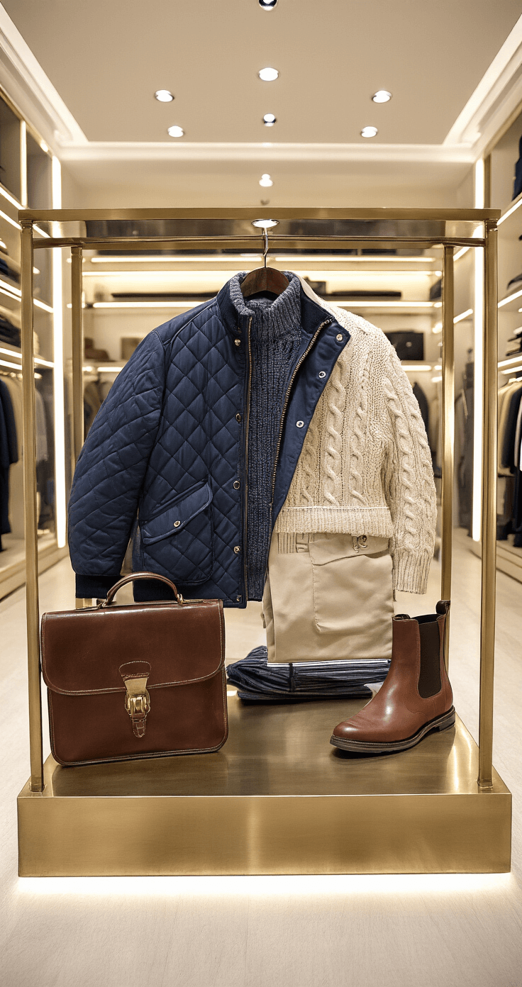 Aerial view of a high-end menswear display featuring a navy quilted jacket, cream cable-knit sweater, and khaki chinos, complemented by brown leather Chelsea boots and a vintage leather briefcase, all illuminated by soft ambient lighting.
