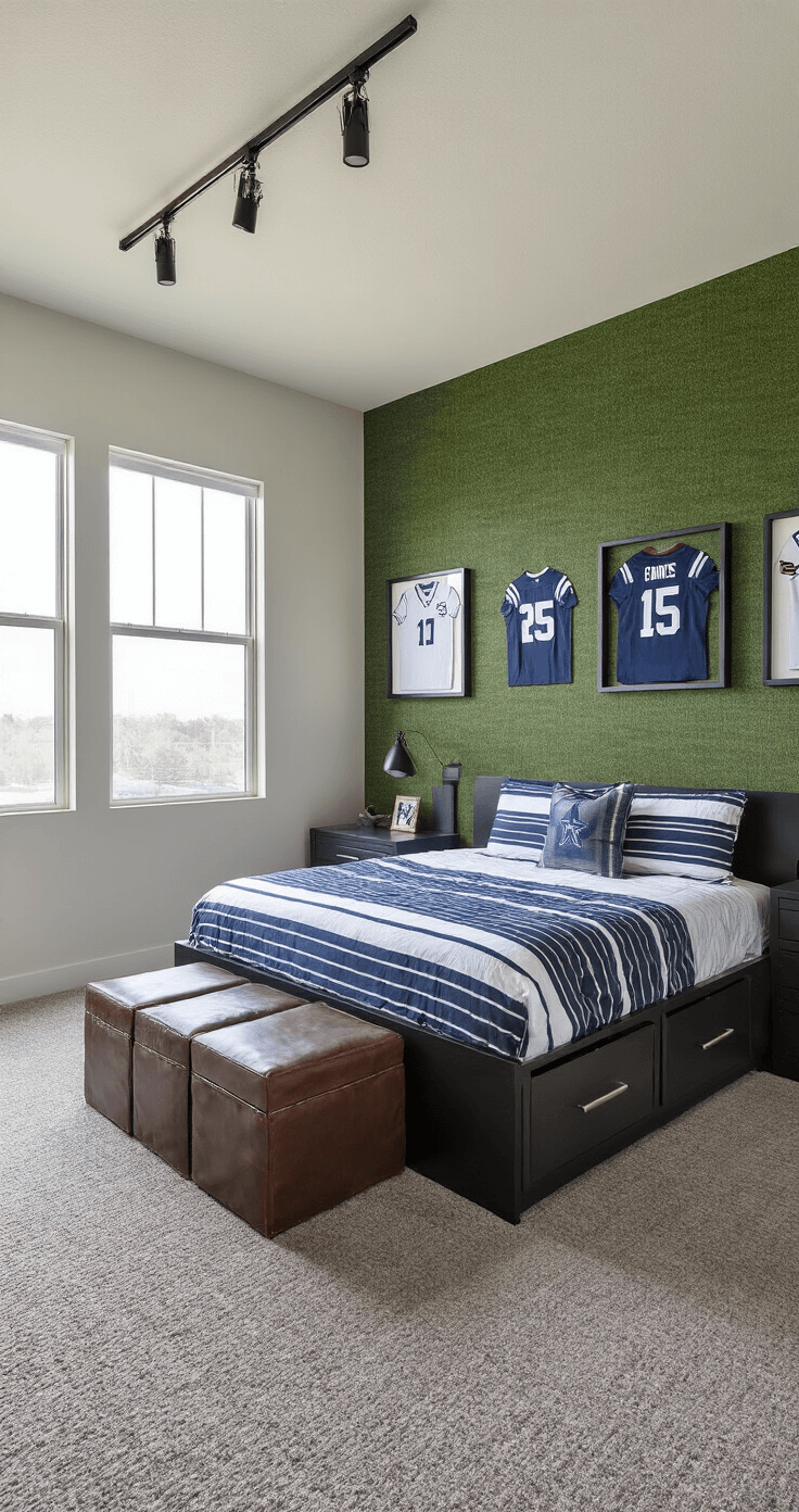 Eye-level view of a 15x15ft sports-themed bedroom at dusk, featuring a textured grasscloth accent wall, contemporary platform bed with navy and white striped bedding, overhead track lighting illuminating signed jerseys, and neutral gray carpet with metal and leather storage ottomans.