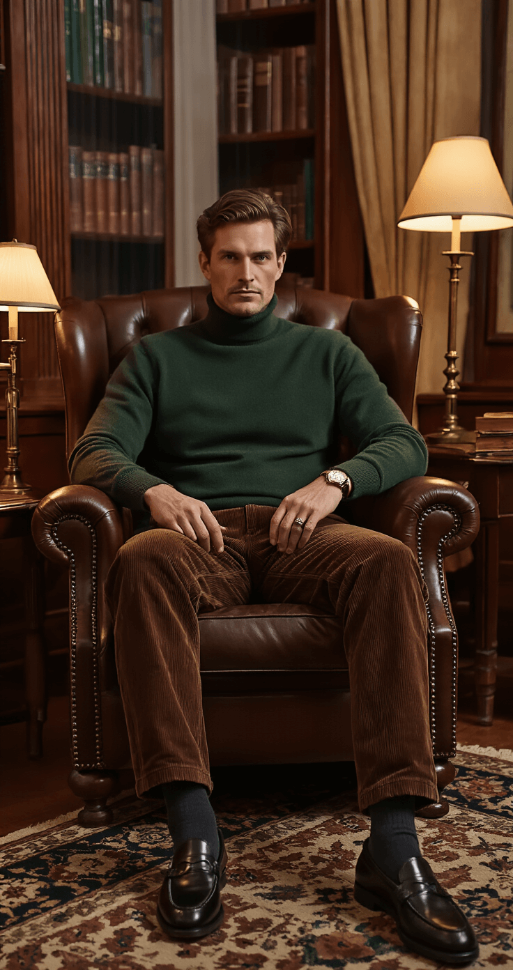 A warm, inviting study corner at dusk, featuring a person in a leather club chair, dressed in chocolate brown corduroys, a forest green cashmere turtleneck, and black penny loafers. Rich mahogany furniture and brass accents enhance the old money vibe, illuminated by soft lamp light. The individual wears a classic watch and signet ring, captured at eye level with moody lighting.