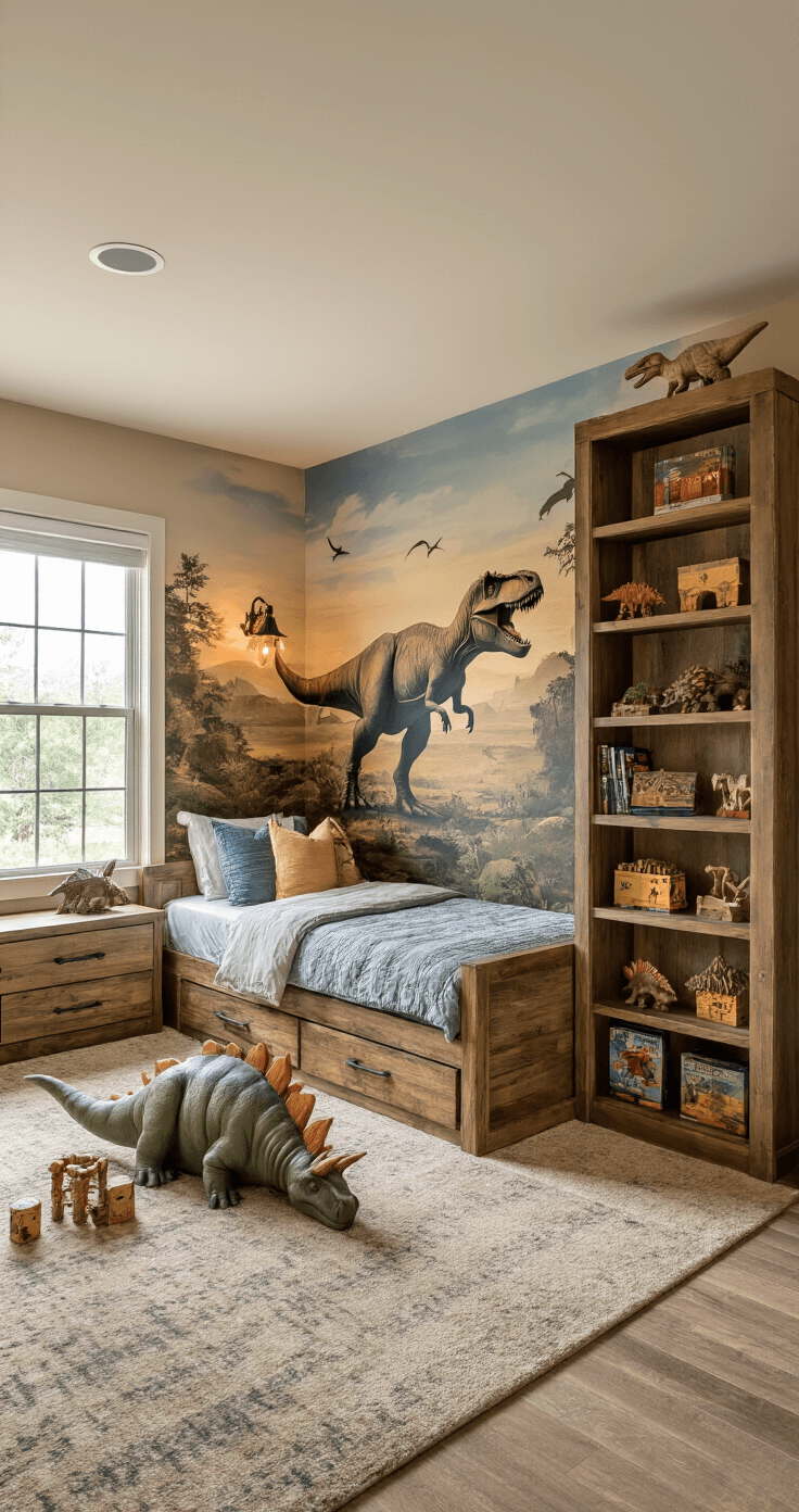 Wide-angle view of a dinosaur-themed bedroom featuring a dramatic prehistoric landscape mural, warm beige walls, a rustic trundle bed with a bookshelf headboard, and a floor-to-ceiling shelving unit with fossil replicas and toys, all illuminated by dinosaur-shaped sconces in afternoon light.
